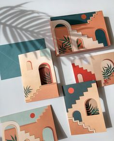 four pieces of paper cut out of different shapes and sizes with palm leaves on them