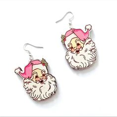 New! Vintage Style Santa With Pink Hat Drop Earrings Set In Resin Holiday Vintage Christmas Aesthetic Vintage Christmas Aesthetic, Holiday Party Accessories, Hot Pink Earrings, Minnie Mouse Earrings, Wood Earring, Boho Chic Earrings, Long Tassel Earrings, Printed Jewelry, Holiday Earring