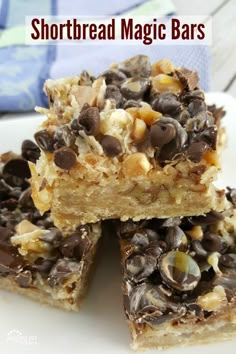 chocolate chip shortbread magic bars stacked on top of each other with text overlay