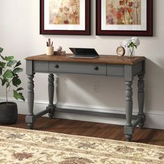 a desk with two pictures above it and a potted plant on the floor next to it