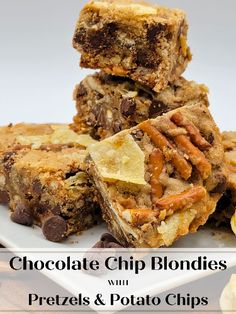 chocolate chip blondies with pretzels and potato chips stacked on top of each other