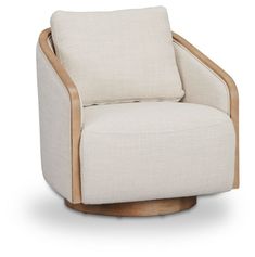 an upholstered chair with a wooden base and fabric cushioning on the back