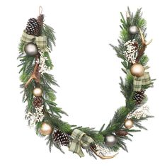 a christmas wreath with pine cones and ornaments