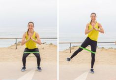 two pictures of a woman doing squats on the beach with her hands in the air