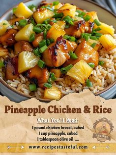 an advertisement for pineapple chicken and rice on a plate with brown paper in the background