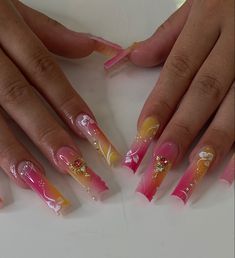 Fire Sign Nails, Orange Pink Nails Summer, Long Square Acrylic Nails Summer, Summer Bling Nails, Tropical Summer Nails, Black French Tip Nail