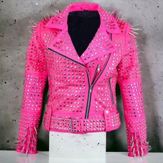 Women Pink Studded Jacket - New Women's Pink Punk Full Long Silver Studded Spiked Brando Style Leather jacket - Rosa Nietenjacke für Damen Item specifics Outer Shell Material: Genuine Cowhide Leather Closure: Button, YKK Zip Occasion: Casual, Party/Cocktail Size: XXXS to 5XL Fabric Type: Real Cowhide Leather Accents: Button, Studded, YKK Zipper Vintage: Yes Personalize: Yes Department: Women Style: Motorcycle Jacket Features: All Seasons, Full YKK Zip, Zipped Pockets Season: Fall, Spring, Summer Spiked Leather Jacket, Pink Punk, Style Leather Jacket, Studded Jacket, Women Pink, Zipper Detail, Soft Black, Cowhide Leather, Pink Ladies