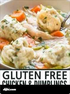 a bowl filled with chicken and dumplings next to a sign that says gluten free