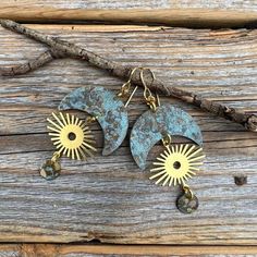 Unique Moon, Boho Inspired Vintage Patina dangle earrings-made with Natural Brass. Includes 10K Gold Plated Ear Wire and Silicone Earring Backs: These earrings are perfect if you are looking for that southwestern boho look. Throw them on with any outfit and they will definitely add some character. Perfect with a white T and a pair of jeans! These earrings are large, but light weight and a perfect everyday wear. They are approximately 3 inches in length and 1.5 inches at the widest portion.  To v Handmade Celestial Dangle Earrings, Handmade Celestial Drop Earrings, Handmade Celestial Earrings For Festivals, Handmade Crescent Celestial Earrings, Unique Dangle Earrings With Sun And Moon Design, Unique Sun And Moon Dangle Earrings, Unique Sun And Moon Design Dangle Earrings, Handmade Celestial Metal Earrings, Handmade Metal Celestial Earrings