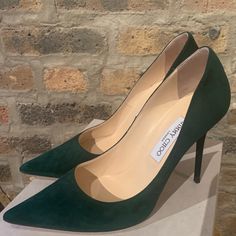 Beautifully Kept Jimmy Choo Green Suede Pumps! Worn Once And Still In Original Box/Packaging. Perfect For The Holidays! *Jimmy’s Run Small - I Normally Wear A 9.5* Green Almond Toe Heels, Green Heels With Reinforced Heel And Almond Toe, Green Almond Toe Heels With Reinforced Heel, Green Pointed Toe Luxury Heels, Luxury Green Pointed Toe Heels, Luxury Green Closed Toe Heels, Designer Green Heels With Padded Heel, Classic Green Heels For Formal Occasions, Green Formal Court Shoes With Sculpted Heel