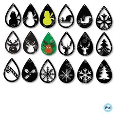 a group of black and white christmas tears with snowflakes, trees, deer, sleigh ornament on them