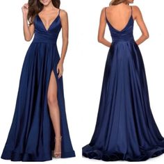 La Femme Ruched Satin Navy Blue Gown Size 10 - Fits Like A 8/10 Professionally Hemmed - I Am 5’6 And Wore A 3 Inch Heel. *Price Firm Blue Ruched Gown For Gala, Blue V-neck Maxi Dress With Ruched Bodice, Elegant Blue Ruched Gown, Blue V-neck Maxi Dress With Pleated Bodice, Blue V-neck Dress With Ruched Bodice, Blue Ruched Floor-length Evening Dress, Blue Satin Ruched Maxi Dress, Blue Ruched Gown For Wedding, Blue Ruched Satin Maxi Dress