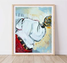 a painting of a dog with a butterfly on it's nose, in front of a white wall