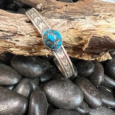 Native made in New Mexico Handmade by Navajo artist Rick Enriquez Stamped and Signed Materials - Sterling Silver and Egyptian Turquoise Blue Adjustable Hand Tooled Jewelry, Adjustable Hand Tooled Blue Jewelry, Southwestern Turquoise Bangle, Southwestern Style Beaded Bangle Bracelets, Southwestern Beaded Bangle Bracelets, Southwestern Style Blue Inlay Bracelets, Southwestern Blue Cuff Bracelet As Gift, Adjustable Blue Cuff Bracelet With Inlay, Adjustable Blue Inlay Cuff Bracelet