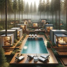 an artist's rendering of a house in the woods with pool and lounge chairs