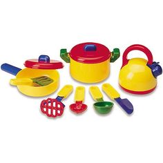 play kitchen set with pots, pans and utensils for toddlers to cook