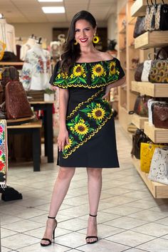 This Beautiful Off the Shoulder Mexican Dress is the perfect Party dress. It's lightweight with elastic around the shoulder and ties on the back for an adjustable fit. It is embroidered with vibrant Sunflowers and has lace details. Machine Embroidered- hand manipulated. Embroidery will vary on each unique dress. Available size: S - 3X Fitted Off-shoulder Embroidered Dress With Floral Design, Fitted Off-shoulder Floral Embroidered Dress, Fitted Floral Embroidery Sundress, Fitted Embroidered Sundress, Fitted Embroidered Sundress For Summer, Sunflower Quinceanera Dress, Mexican Party Dress, Mexican Traditional Dress, Mexican Quinceanera Dresses