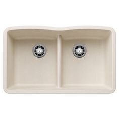 double bowl kitchen sink with two faucets on the front and side drainers