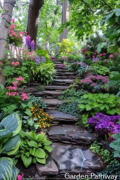 a garden path is lined with colorful flowers and greenery in the foreground, surrounded by trees