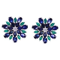 White Gold Sapphire, Flower Tops, Gold Floral, Emerald Diamond, Diamond White, Blue Sapphire, Clip On Earrings, Emerald, Sapphire