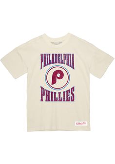 Mitchell and Ness Philadelphia Phillies White Arched Logo Slub Short Sleeve Fashion T Shirt Throwback Text Print Crew Neck Tops, Throwback Crew Neck Top With Text Print, Throwback Cotton Tops With Team Name, Throwback Cotton Tops For Sports Season, Throwback Cotton Tops For Sports Events, Phillies Shirts, Phillies Shirt, Men Cream, Fashion T Shirt