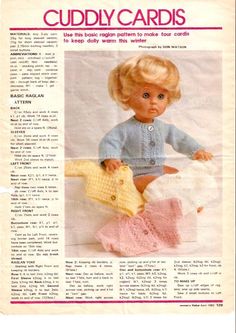 an old fashioned doll is shown in the magazine, cuddly cardi's