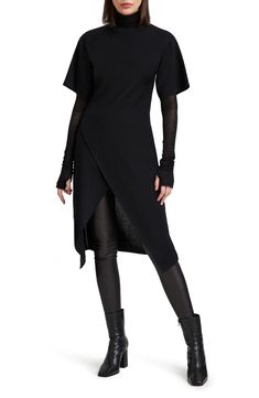 This ultrachic tunic is crafted from fine merino wool and makes a striking silhouette whether worn solo or as part of your modern layered look. Slips on over head Jewel neck Short sleeves High-low hem 100% merino wool Imported Elegant V-neck Tunic For Fall, Elegant Fall V-neck Tunic, Fitted Black Sweater Dress For Layering, Black Fitted Sweater Dress For Layering, Chic Fitted Sweater Dress For Layering, Chic Fitted Tunic For Fall, Fall Asymmetrical Tunic, Elegant Fitted Tunic For Workwear, Fitted V-neck Elegant Tunic