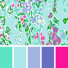 the color scheme is blue, green, pink and purple with an abstract floral pattern