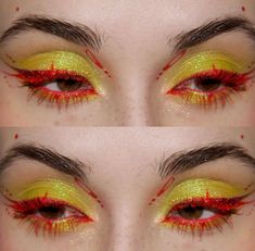 Fire Eye Makeup Look, Blue And Red Eyeshadow Looks, Creative Lip Makeup, Christmas Eye Looks, Eclectic Makeup, One Color Eyeshadow, Colored Eyeliner Looks, Yellow Makeup Looks, Fun Makeup Ideas