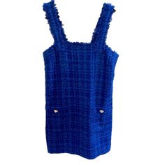 Zara Wide Straps Tweed Pinafore Dress Size: Small Brand New Zara Vibrant Blue Tweed Pinafore Above The Knee Mini Dress. Design With Raw Edge Frayed Wide Shoulder Straps, Straight Neckline, Two Front Pockets With Jeweled Buttons, Side Invisible Zipper Closure. The Fabric Is 50% Cotton, 30%Acrylic And 20%Polyester Length: 30" Armpit To Armpit: 15" Item Ships Next Business Day! Chic Blue Tweed Summer Dress, Blue Sleeveless Tweed Dress For Spring, Sleeveless Blue Tweed Dress For Spring, Blue Mini Tweed Dress For Spring, Chic Blue Tweed Dress, Chic Blue Tweed Fall Dress, Chic Blue Tweed Dress For Fall, Blue Tweed Dress For Fall, Mini Dress Design