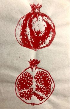 Lino Print Aesthetic, Pomegranate Line Art, Pomegranate Art Design, Pomegranates Aesthetic, Pomegranate Stamp, Red Ink Drawing, Lino Print Designs, Pomegranate Aesthetic, Pomegranate Heart