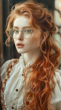 a woman with long red hair wearing glasses