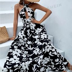 Black And White Summer/Vacation Dress From Shein. Super Cute! Black Floral Print Maxi Dress For Beach, Black Floral Print Maxi Dress For The Beach, Black Floral Maxi Dress For Beach, Black Floral Print Vacation Dress, Black Floral Print Dress For Vacation, Black Halter Neck Maxi Dress For Brunch, Beach Floral Print Black Dress, Black Floral Print Summer Maxi Dress, Black Floral Beach Dresses