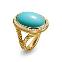 The Albion® Collection’s unique cushion-cut center stone was David Yurman’s innovative solution to use an oversize gemstone in a refined modern setting with classical proportions. 18-karat Yellow Gold • Turquoise, 13.27 total carat weight • Pavé-set diamonds, 0.44 total carat weight • Ring, 25.6mm • Stone, 21mm • Size 7 Fine Jewelry Turquoise Oval Cabochon Ring, Luxury Elegant Turquoise Oval Cabochon Ring, Luxury Turquoise Gemstone Ring Oval Cabochon, Luxury Blue Oval Cabochon Turquoise Ring, Luxury Yellow Gold Turquoise Ring, Oval Cabochon, Oval Rings, Anniversary Bands, Turquoise Jewelry, Ring Bracelet