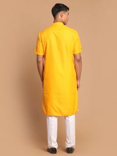 VM By VASTRAMAY Men's Mustard Solid Kurta with White Pant style Cotton Pyjama Set This elegant and stylish kurta-pyjama set is perfect for festive occasions and traditional events. The mustard kurta, paired with a white pant style cotton pyjama, offers a contemporary twist to classic ethnic wear, ensuring you look your best while feeling comfortable. Features Mustard solid kurta with a straight hemline and side slits White pant style cotton pyjama with drawstring closure Comfortable fit and brea Yellow Cotton Straight Kurta Sherwani, Cotton Churidar With Dabka For Puja, Yellow Cotton Sherwani Straight Kurta, Cotton Dabka Churidar For Puja, Cotton Sherwani Straight Kurta For Puja, Unstitched Cotton Churidar, Stylish Kurta, White Pant, Kurta Pyjama