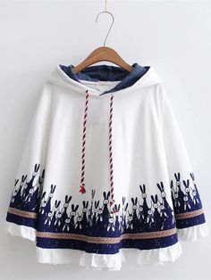 45763774677214 Autumn Rabbit, Winter Fashion Jackets, Poncho Jacket, Model Outfits, Rabbit Print, Cartoon Outfits, Hoodie Coat, Cotton Pullover, Hooded Coat