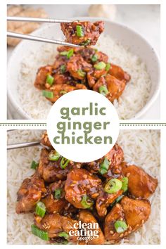 two pictures with the words garlic ginger chicken on top of rice and chopsticks