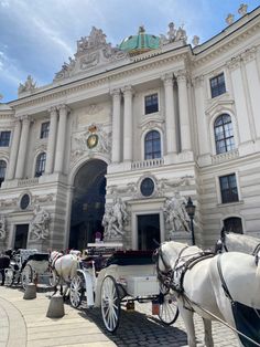 two white horses are pulling a carriage in front of a large building with statues on it