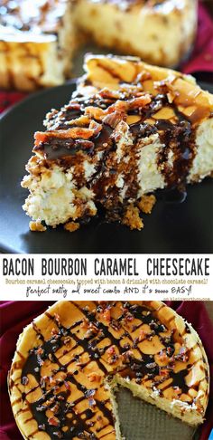 bacon bourbon caramel cheesecake with chocolate drizzle on the top and bottom