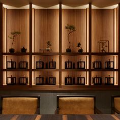 a room with wooden shelves filled with books and plant pots on top of them, along with leather chairs