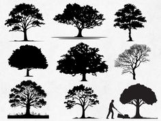 the silhouettes of trees are shown in different styles and sizes, including one with a shovel