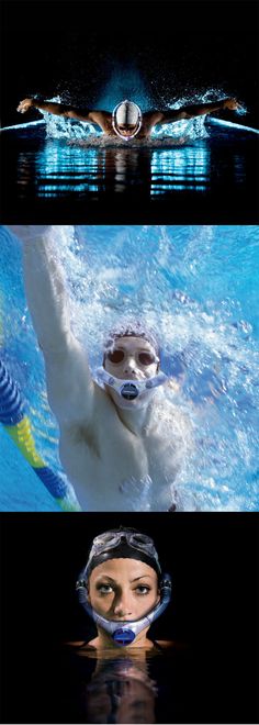 a man swimming in a pool with goggles on his face and arms above the water's surface