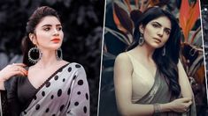 three different pictures of women in sari, one with black and white polka dots