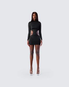 Mariah Black Mini Dress Fitted Turtleneck Mini Dress For Evening, Sleek High Neck Mini Dress For Party, Elastane Dress With Cutout Back For Night Out, Turtleneck Bodycon Dress For Party, Turtleneck Bodycon Party Dress, Stretch Turtleneck Party Dress, Fitted Turtleneck Dress For Night Out, Black Mini Dress With Cut-out Waist For Party, Black Fitted Bodycon Dress With Cut-out Waist