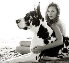 a woman is sitting on the bed with her large dalmatian dog in her lap