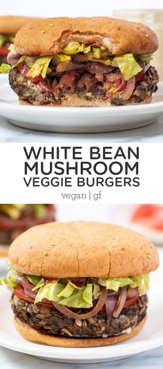 two different views of a white bean and veggie burgers with lettuce