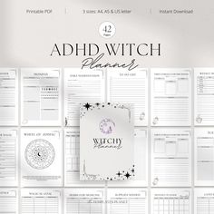 the front and back pages of an ad witch planner, with white paper on it