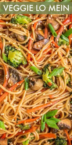 a plate full of noodles and vegetables with text overlay