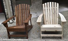 two wooden chairs sitting next to each other