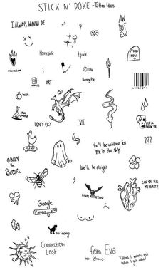 some stickers that are on the side of a white paper with writing and symbols